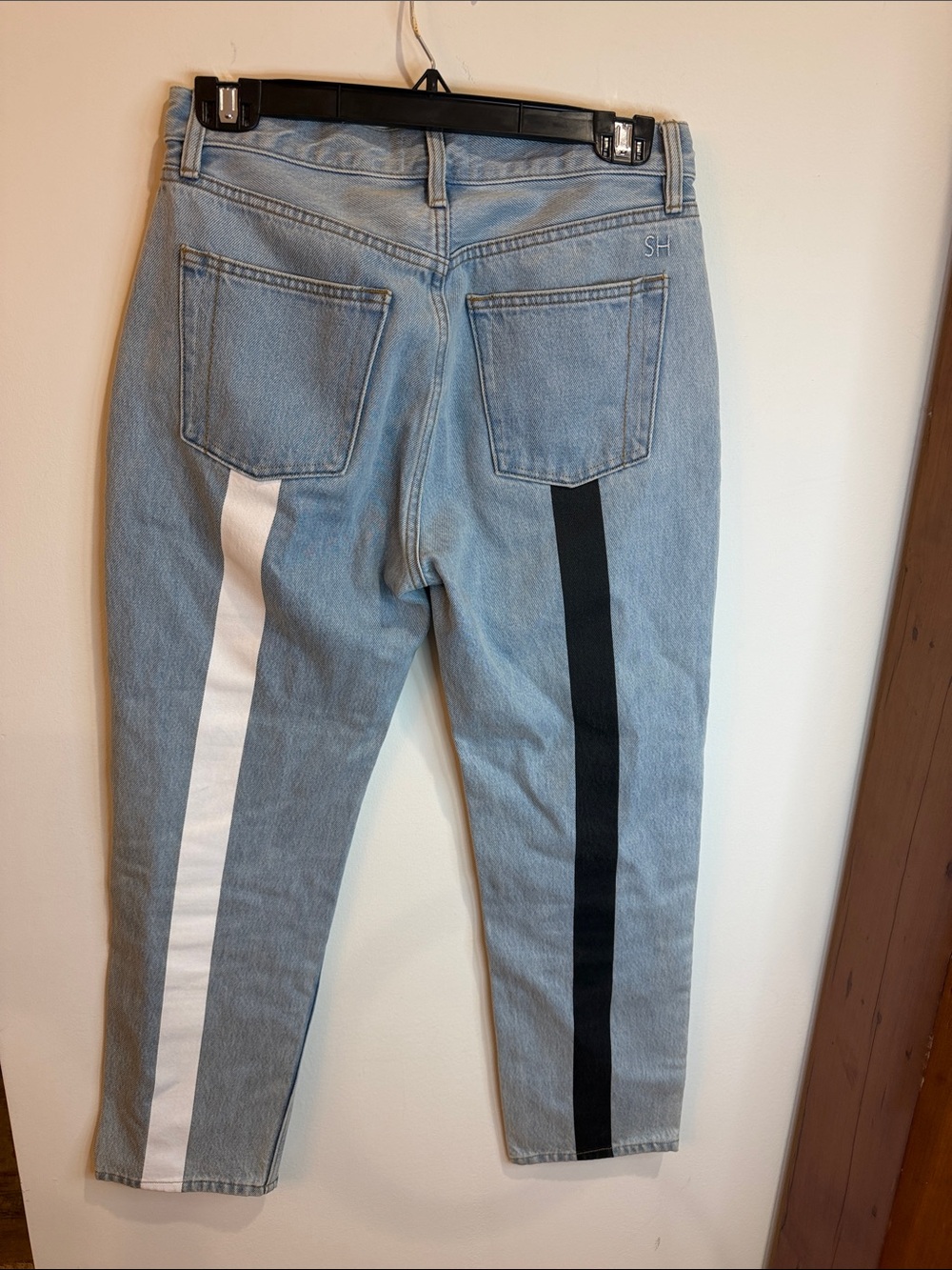 Still Here Tate Designer Black/White Stripe High Rise Mom Jeans, Size 27